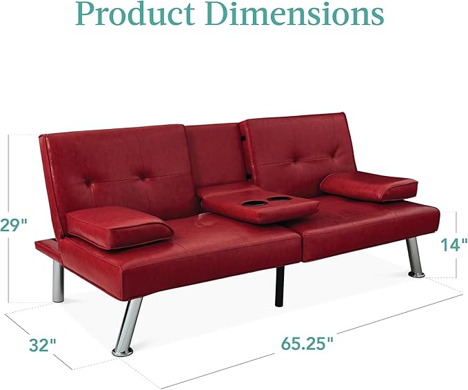 Best Choice Products Faux Leather Upholstered Modern Convertible Futon, Adjustable Folding Sofa Bed, Guest Bed w/Removable Armrests - Burgundy