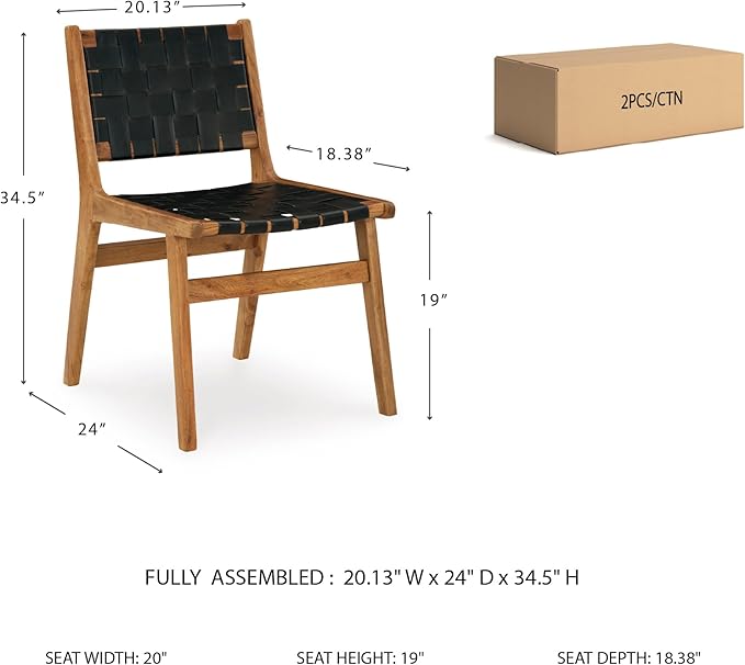 Signature Design by Ashley Fortmaine Modern Upholstered Armless Dining Chair with Open Back and Woven Leather Straps, Set of 2, Light Brown & Black