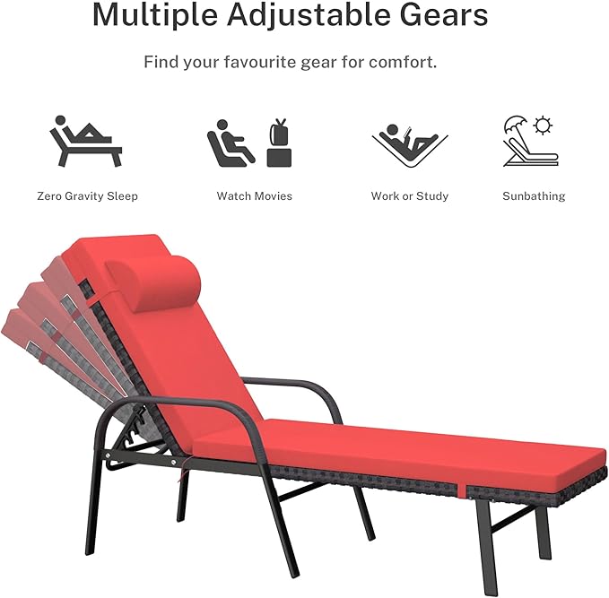 Trumbeak Patio Chaise Lounge Set 3 Pieces Pool Lounge Chairs,Cushioned Outdoor Folding Lounge Chair w/Arm and Rattan Adjustable Backrest for Poolside Porch,Folding Table Included,Red
