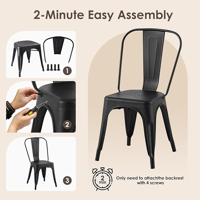 Metal Dining Chairs Set of 4,Stackable Tolix Chair Indoor/Outdoor for Kitchen,Cafe,Restaurant,Bistro & Patio Multiple Colors(Matte Black)