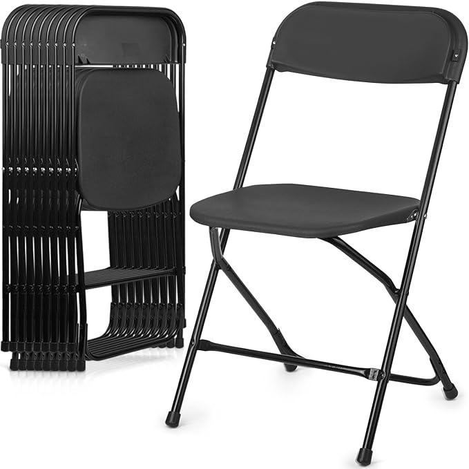 Folding Chairs 10 Pack, Heavy-Duty Plastic Foldable Chairs with Sturdy Metal Frame, 350 lbs Capacity, Stackable Portable for Weddings, Parties, Office, Indoor, Outdoor Events, Black