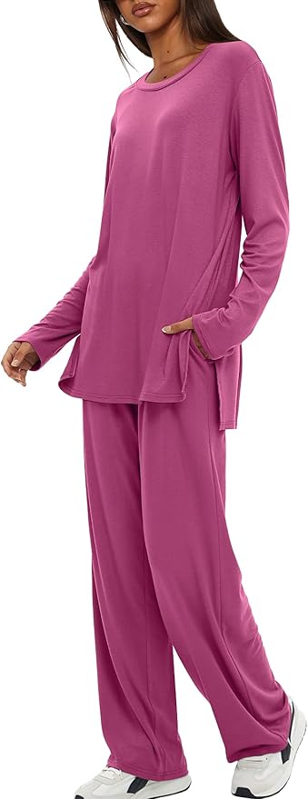 Darong Women's 2 Piece Lounge Set Casual Long Sleeve Crew Neck Tops Wide Leg Pants Travel Airport Outfit Matching Sets