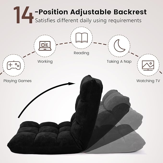 Floor Chair with Back Support, Foldling Gaming Sofa Chair with Comfy Cushion, Adjustable 14-Position Meditation Chairs, Lazy Lounge Recliner Reading Seat for Adults, Kids (Black)