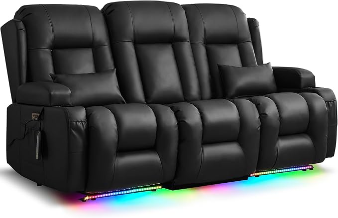 URRED Loveseat Recliner Sofa with Massage and Heat, Flip Middle Backrest Design 3 Seat Power Reclining RV Sofa Couch, Home Theater Seating with LED Lights, USB Ports, Outlets, Faux Leather, Black