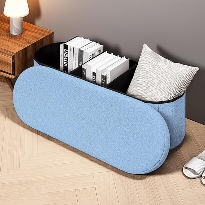 43.3 Inches Collapsible Ottoman with Storage, Bench with Storage Ottoman for Living Room, Bedroom & Entryway-Blue