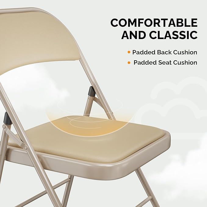 VINGLI 2 Pack Folding Chairs with Padded Seats, Metal Frame with Pu Leather Seat & Back, Capacity 350 lbs, Set of 2, Khaki