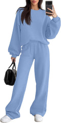 Sweetyweee Women's 2 Piece Outfits Set Fleece Lined Lounge Sweatsuit Crewneck Pullover Top Wide Leg Pants Casual Tracksuit
