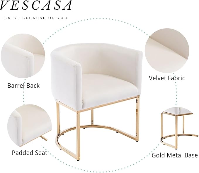 VESCASA Velvet Upholstered Dining Chairs with Barrel Back, Mid Century Modern Padded Restaurant Chairs with Gold Metal Frame for Kitchen, Dining Room, Set of 3, White