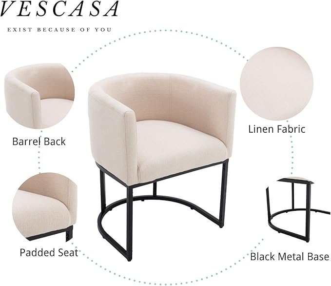 VESCASA Linen Upholstered Dining Chair with Barrel Back, Mid Century Modern Restaurant Padded Chair with Black Metal Frame for Kitchen, Dining Room, 1PK, Cream
