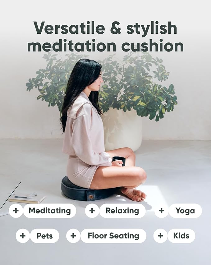 Mindful Modern Velvet Meditation Cushion | Luxe Zafu Yoga Floor Pillow Seat | Posture Support | Buckwheat Hull Filled | Large Round Cushion with Removable Washable Cover + Carry Handle