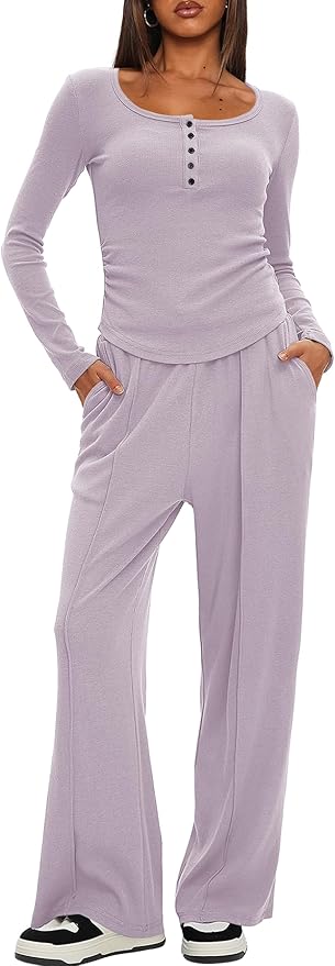 Darong Womens 2 Piece Matching Lounge Sets 2026 Long Sleeve Henley Shirts Wide Leg Pants Airport Travel Outfits