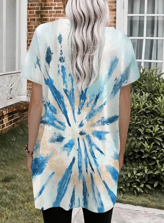 Poetsky Summer Womens Tunic Tops for Leggings with Pockets Short Sleeve Casual Long T Shirts S-3XL