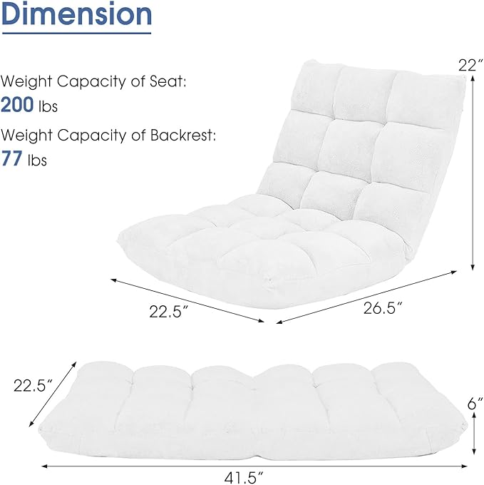 Giantex Floor Chair with Back Support, 14 Adjustable Position, Padded Sleeper Bed, Couch Recliner, Folding Gaming Floor Chairs for Adults, Living Room, Bedroom, Yoga, Meditation, White