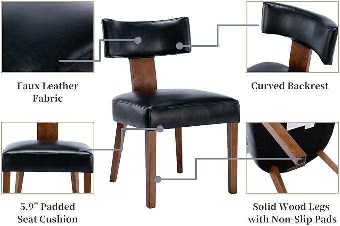 RIVOVA Set of 4 PU Leather Upholstered Side Chairs, Modern Kitchen Armless Parson Chairs Solid Wood Dining Chairs, Black