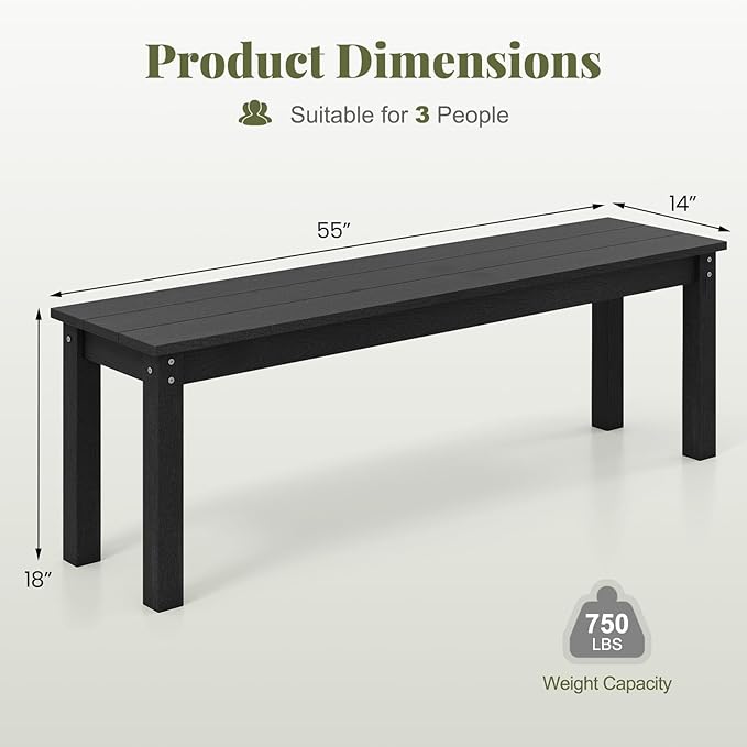 Tangkula HDPE Outdoor Bench, 2-3 Person Patio Bench, 55" Backless Garden Dining Bench with Slatted Seat, Weatherproof Park Bench for Entryway, Porch, Lawn & Backyard (Black,1)