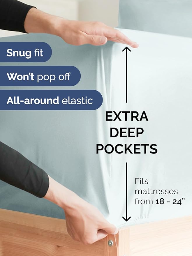 Extra Deep Pocket Cal King Sheets - 4 Piece Breathable & Cooling Bed Sheets - Hotel Luxury Bed Sheet Set - Soft, Wrinkle Free & Comfy - Easily Fits Extra Deep Mattresses - Deep Pocket Ice Blue Sheets