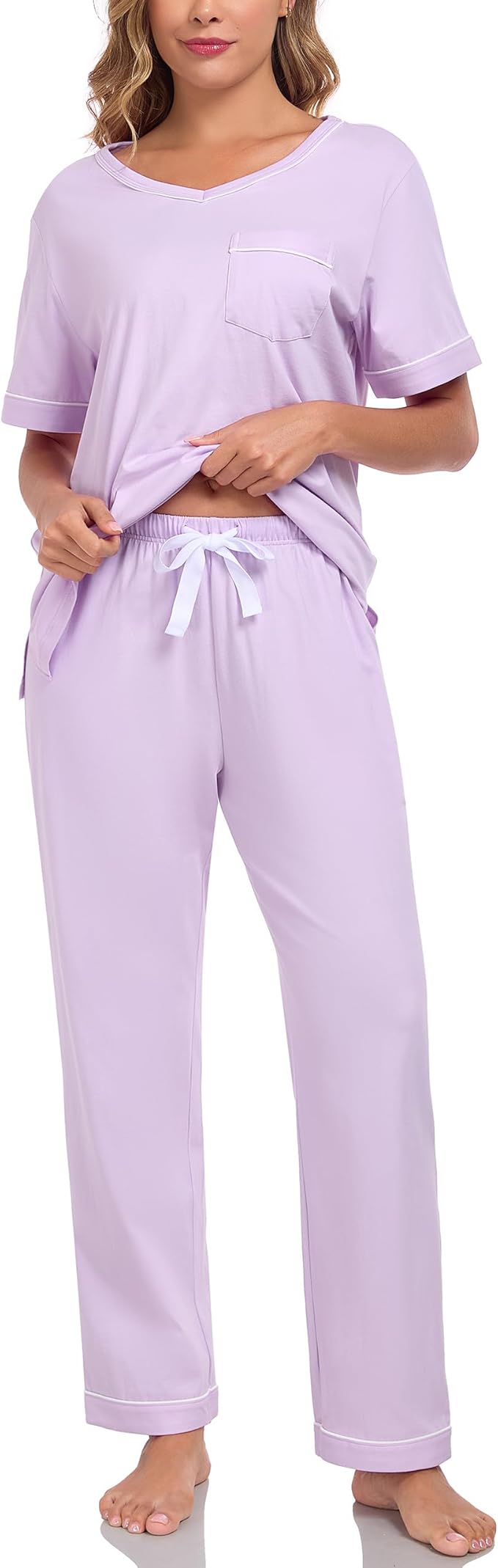 CF Women's 100% Cotton Pajama Sets Soft Short Sleeve Tops & Pants Comfy Sleepwear 2 Piece Lounge set with Pockets Loungewear