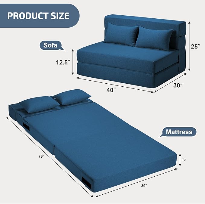 Folding Sofa Bed with Pillow- Convertible Chair Floor Couch & Sleeping Mattress, Foldable Memory Foam Sleeper for Living Room/Dorm/Guest Room/Home Office/Apartment/Loft,Twin,Navy Blue