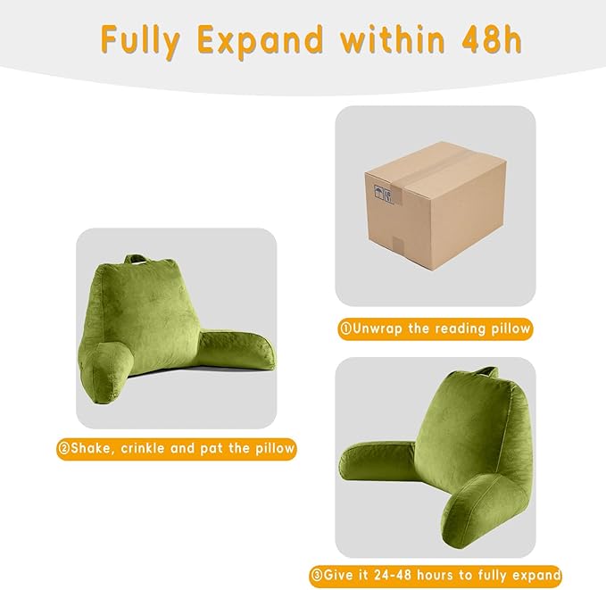OAISZ Reading Pillow for Sitting in Bed Adult, X-Large Reading Pillow with Shredded Memory Foam, Back Pillow for Sitting Up with Extend Arms, Pockets, Bed Pillow with Washable Cover, FluorescentGreen