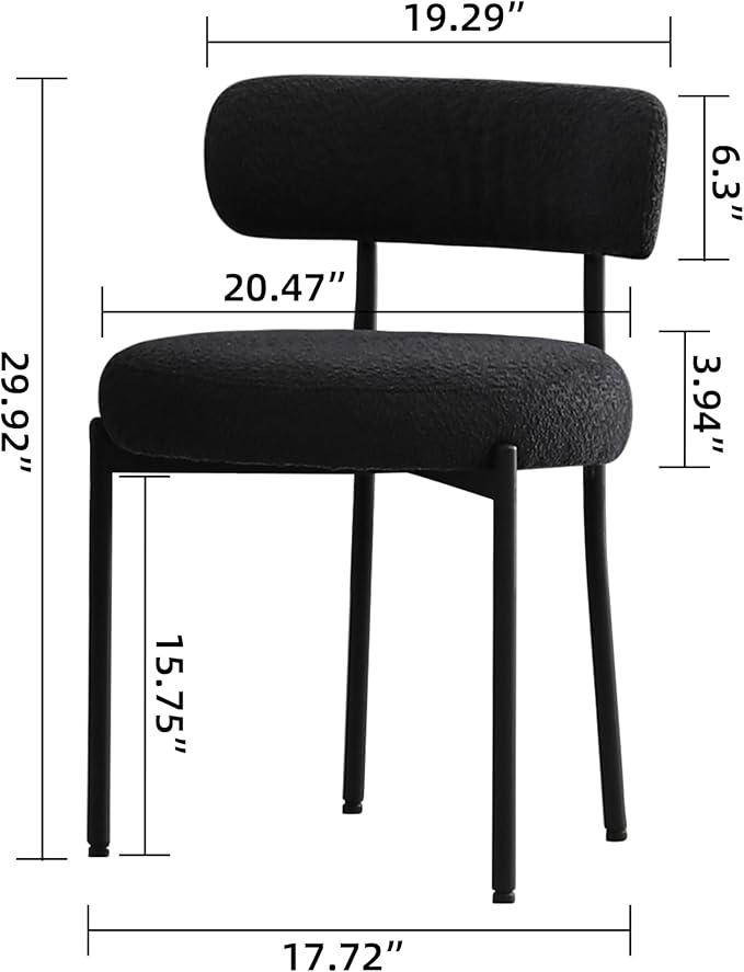 DYHOME Black Boucle Dining Chairs Set of 4, Modern Upholstered Dining Chairs with 4" Thick Cushion and Sturdy Metal Legs for Dining Room, Kitchen