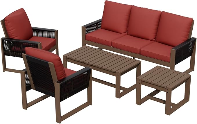 INTER HUT Rustic Hideaway Natural Cedar Wood Outdoor Furniture Set, Wicker Patio Conversation Set for Porch Garden Backyard, Couch, 2 Patio Chairs, Tables, 5 Piece, Brownish/Red