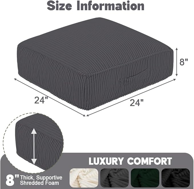 PRIMEPATIO Floor Pillow for Adults Set of 2, 8" Square Floor Cushions with Washable Cover, Large Corduroy Meditation Pillow, 24 inches Tatami Seat with Handle for Living Room or Yoga, Dark Grey