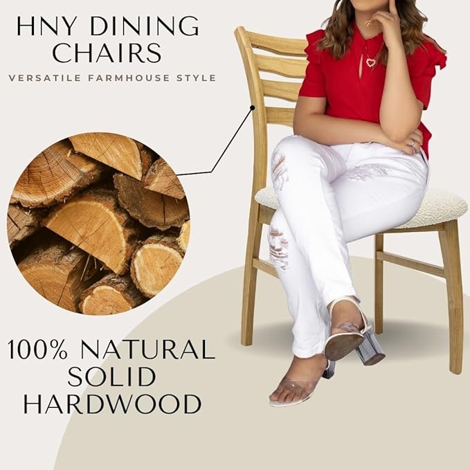 HNY Modern Farmhouse Dining Chairs Set of 4, White Sherpa Boucle Upholstered Seat Kitchen Chairs, Rustic Industrial Armless Side Chairs with Natural Wooden Frame for Dining Living Room Restaurant