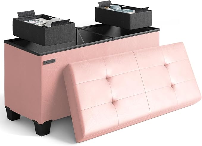 Storage Ottoman Bench with Bins, 30-in Storage Bench for Bedroom End of Bed, Folding Foot Rest Ottoman for Living Room Max 660lbs, Faux Leather Ottomans, Pink