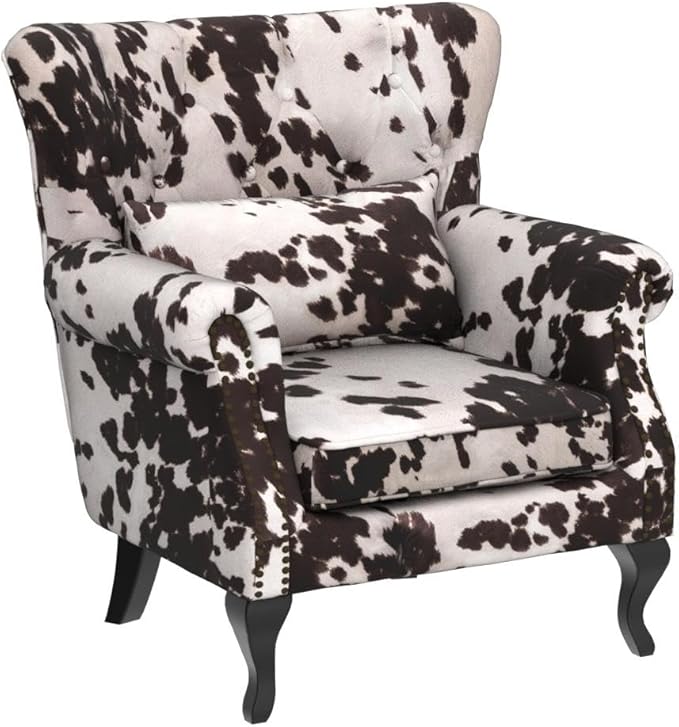 Janoray Mid Century Modern Accent Chair Upholstered Armchair Comfy Cowhide-Print Fabric Single Sofa with Tufted Wingback for Small Spaces Bedroom Living Room, Cow