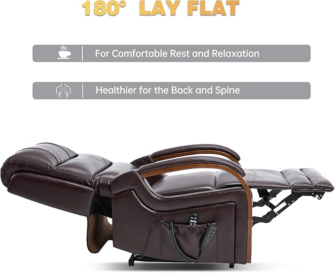 Dual Motor Power Lift Recliner Chair, Lay Flat Recliner, Lift Chair with Massage and Heat, Standing Assistance, Infinite Position Reclining, Living Room Chair (Faux Leather Dark Brown)