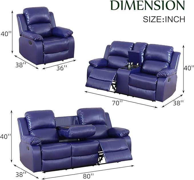 Caberryne Leather Recliner Sofa Set，Leather Reclining Couch for Living Room Furniture Sets，Purple Recliner Couch with 5 Recliners for Living Room/Office/Theater Seating(Sofa Set 3 Pieces)