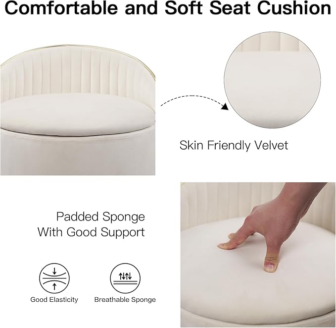 Round Storage Ottoman, Upholstered Velvet Vanity Stool with Lumbar Support, Swivel Rolling Wheels, Small Foot Stools Coffee Table Padded Seat for Makeup Room, Living Room, Bedroom Beige