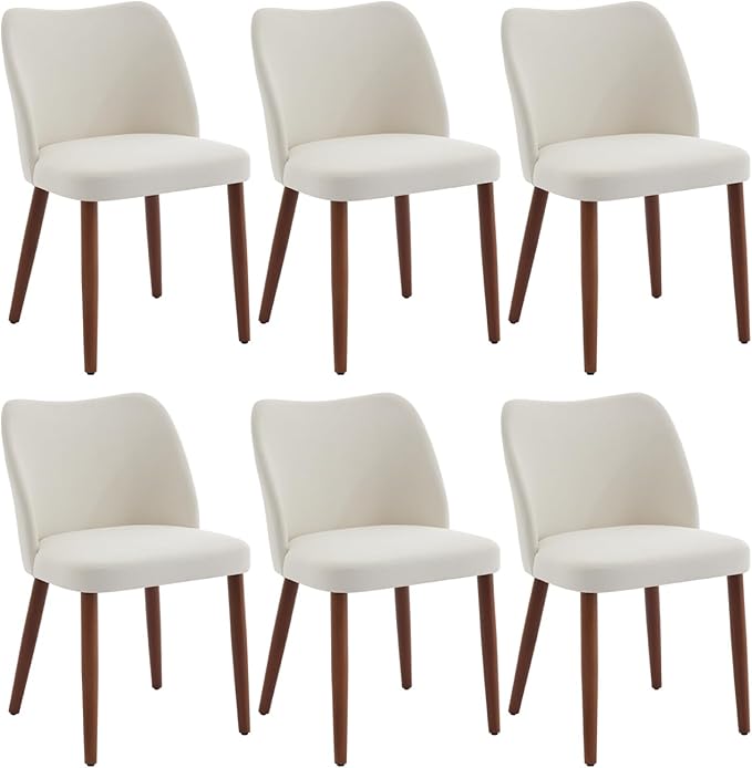 ElfinAura Dining Chair Set of 6, Linen Upholstered Dining Chair with Solid Wood Legs, Wing Backrest, Wooden Kitchen Chair, Kitchen Chairs with Thick Cushions for Dining Room, Living Room, White