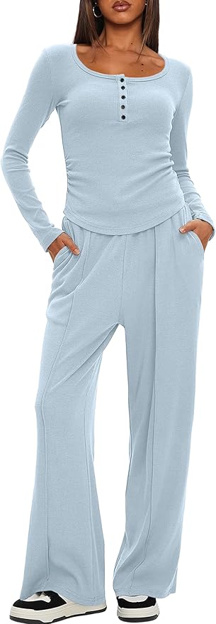 Darong Womens 2 Piece Matching Lounge Sets 2026 Long Sleeve Henley Shirts Wide Leg Pants Airport Travel Outfits