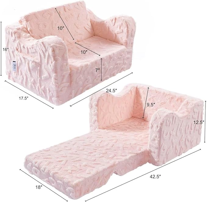 KokoSelene Toddler Couch, 2-in-1 Convertible Kids Chair to Lounger Bed, Baby Sofa for Toddler Boys Girls, Ideal for Reading Gaming Playing Decor (Pink)