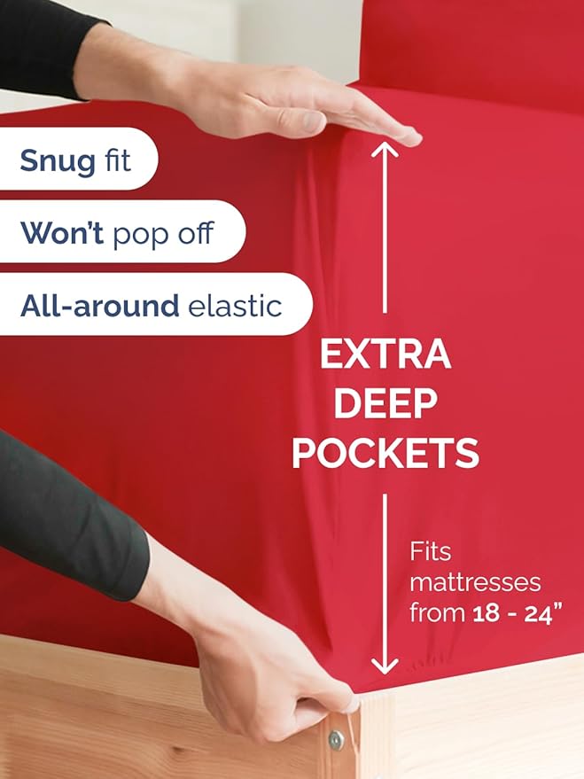 Extra Deep Pocket Twin XL Sheets - 3 Piece Breathable & Cooling Bed Sheets - Hotel Luxury Bed Sheet Set - Soft, Wrinkle Free & Comfy - Easily Fits Extra Deep Mattresses - Deep Pocket Red Sheets Set