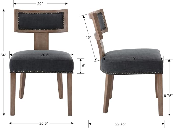 RIVOVA Mid Century Modern Dining Chairs Set of 2 Linen Fabric Upholstered Kitchen Side Chairs with Nailhead Trim, Modern Kitchen Armless Solid Wood Dining Chairs, Charcoal