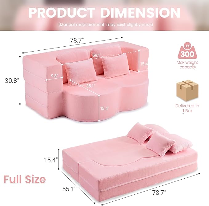 Orynveela Convertible Folding Sofa Bed, 78” Full Size Floor Sleeper Couch, Chenille Full Foam Futon Loveseat for Living Room Bedroom, No Assembly Required (Pink)