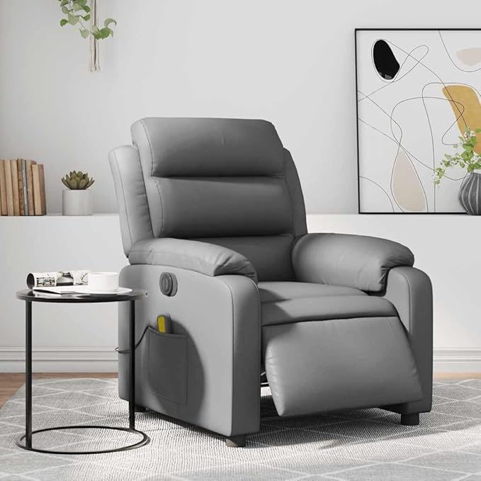 YAFF Electric Massage Recliner Chair in Grey Faux Leather, USB-Powered, Memory Foam Cushion, for Indoor Use, Relaxation in Living Room, Comfortable Seating for One