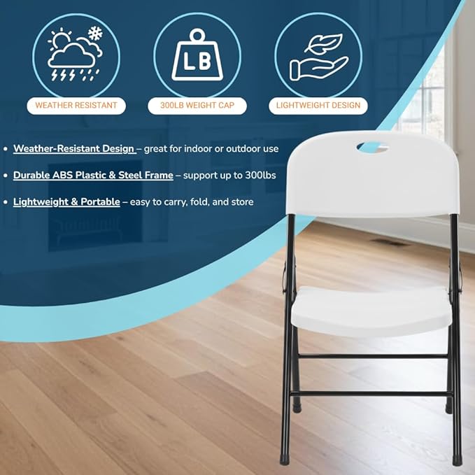 EZONE (2pcs Heavy Duty Plastic Foldable Chair for Adults, Portable Outdoor Seating for Wedding, Event, Party, Backyard, Patio, or Dining Use, Comfortable Stackable Design (White, 2 Pack)