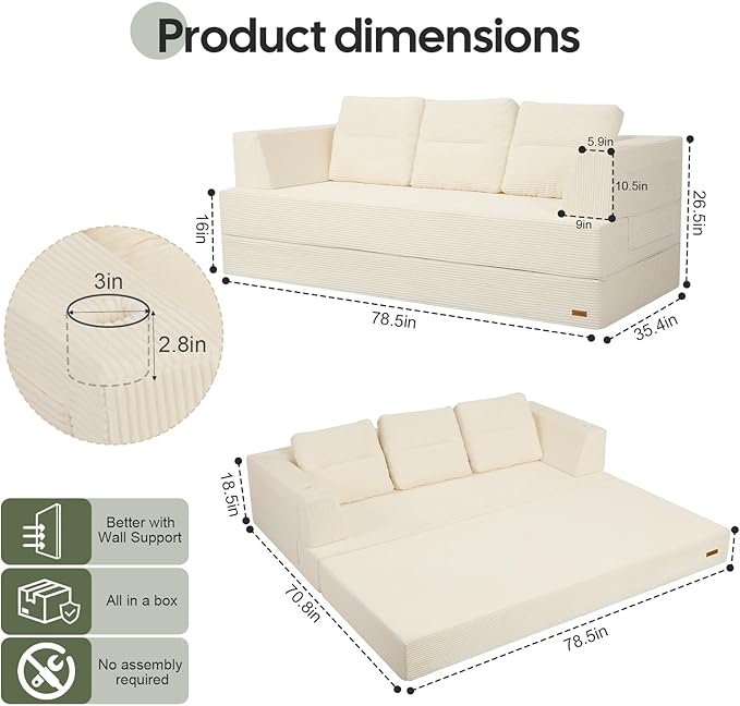 COMAX Futon Sofa Bed Queen, 79" Convertible Sofa Bed Couches for Living Room, 4 in 1 Folding Boneless Sleeper Corduroy Couch Loveseat Foam In a Box, Comfy Foldable Lounge Fold Out Floor Mattress Beige