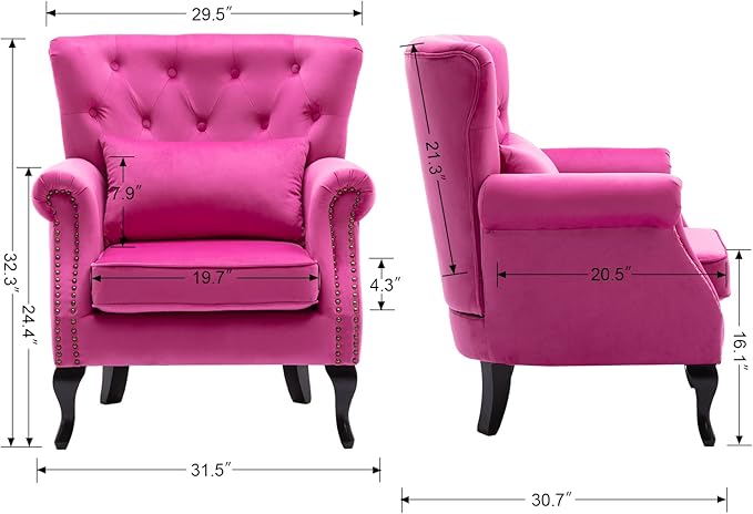 Janoray Mid Century Modern Accent Chair Upholstered Armchair Comfy Velvet Fabric Single Sofa with Tufted Wingback for Small Spaces Bedroom Living Room, Hot Pink