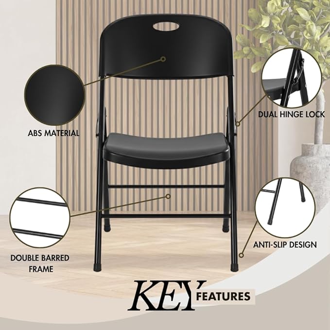 Amazing for less 4-Pack Heavy Duty Plastic Folding Chair, 450 lbs Capacity Foldable Chairs for Indoor Outdoor, Stackable Portable Seating for Party, Wedding, Patio, Backyard, Office (Black)