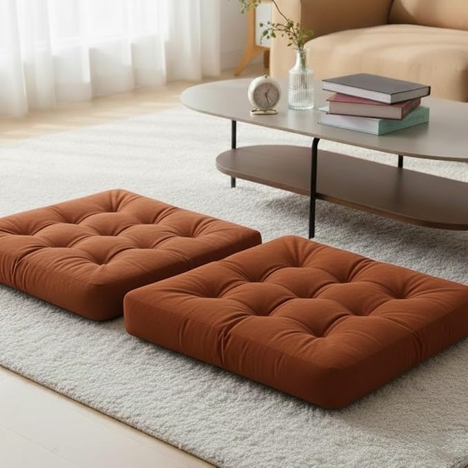 Velvet Floor Pillow Set of 2, Square Large Pillows seating for Adults, Brown Tufted Cushions for Meditation, Yoga, Tatami, Living Room, Chair, Machine-Washable & Dryer-Safe, Brown, 22x22 Inch