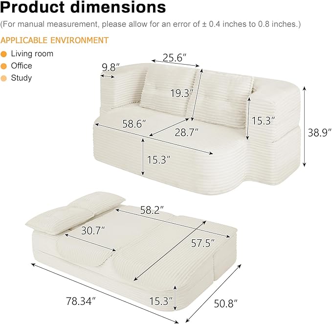 78.4" Convertible Sleeper Sofa Bed, Floor Couch Loveseat with Functional Blanket and 2 Soft Pillows,Corduroy Fabric Boneless Futon Couch for Living Room,Bedroom,Apartment(Beige)