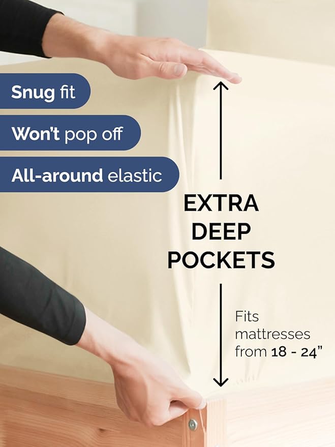 Extra Deep Pocket Queen Sheet Set - 4 Piece Breathable & Cooling Bed Sheets - Hotel Luxury Sheet Set - Soft, Wrinkle Free and Comfy - Easily Fits Extra Deep Mattresses - Deep Pocket Off White Sheets