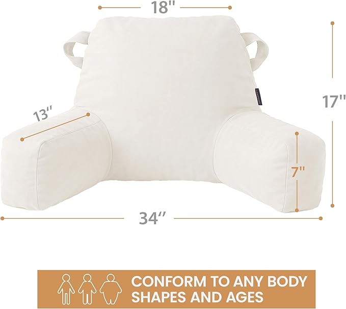 Unisakey Portable Comfy Reading Pillows for Bed Sitting Up(Beige Oeko-Tex), Velvet Back Pillow with Arms & Pockets for Adults, Support Memory Foam Bed Pillow for Dorm/Reading/Watching/Gaming