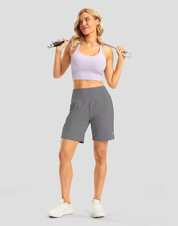 Women's Athletic Shorts with Zipper Pocket 7" High Waisted Stretchy Bermuda Shorts for Women Workout Running Casual