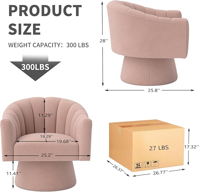 Swivel Accent Chair,Upholstered Velvet 360° Swivel Barrel Chair for Living Room Overstuffed Bouncle Reading Chair Round Armchair for Bedroom,Vanity,Office(Pink)
