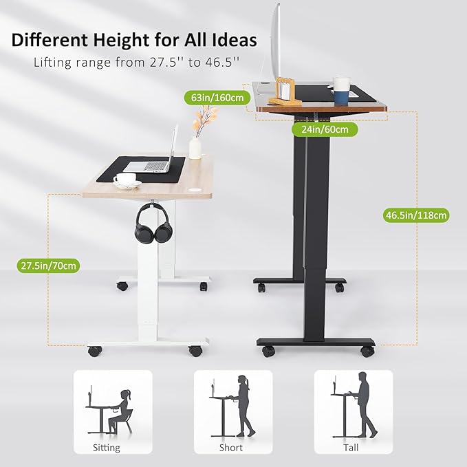 farexon Electric Standing Desk Adjustable Height, 63x24 Inches Computer Gaming Desk with Rolling Wheels, Mouse Pad,Multifunctional Stand up Desk for Home/Office(Brown)